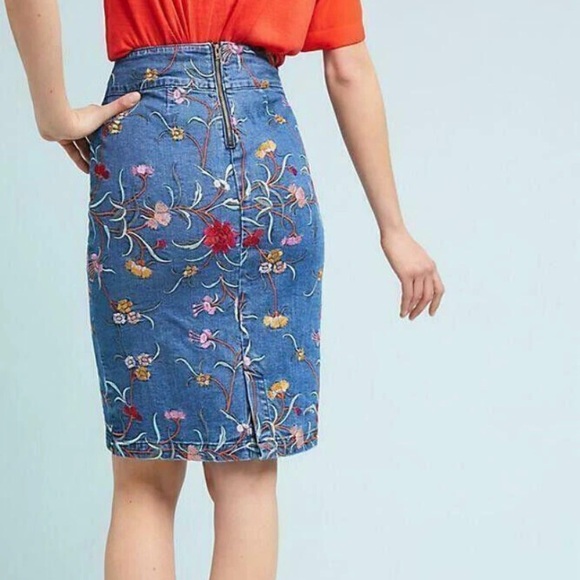 Anthropologie Maeve Size 4 Floral Embroidered Denim Pencil Skirt Boho - Picture 10 of 10